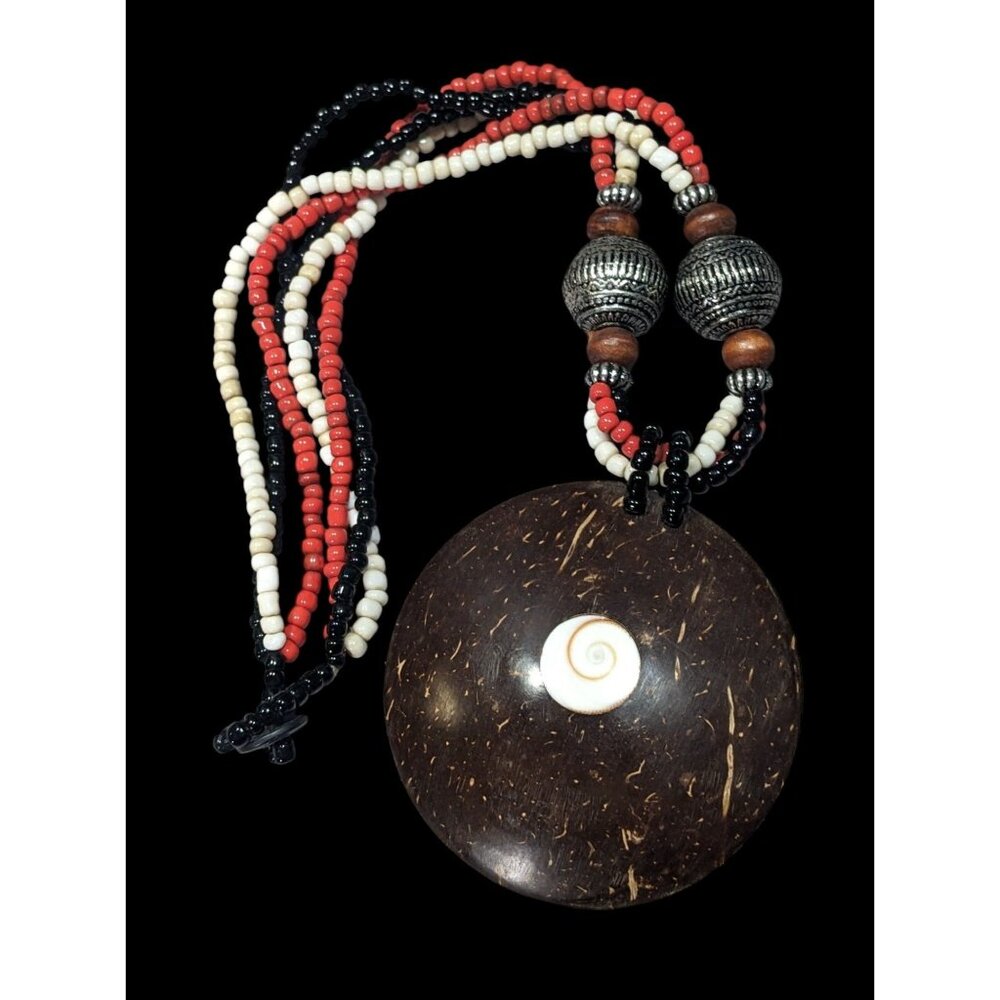 Beachy Bohemian Coco Wood Shell Pendant Necklace With Shell Inlay And Glass Bead